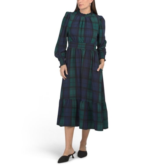 SUGAR LIPS Navy/green Hudson Plaid Caitlyn Smock Sleeve Midi Dress - Picture 1 of 2